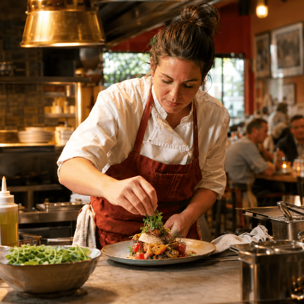 Chef plating a dish in a restaurant