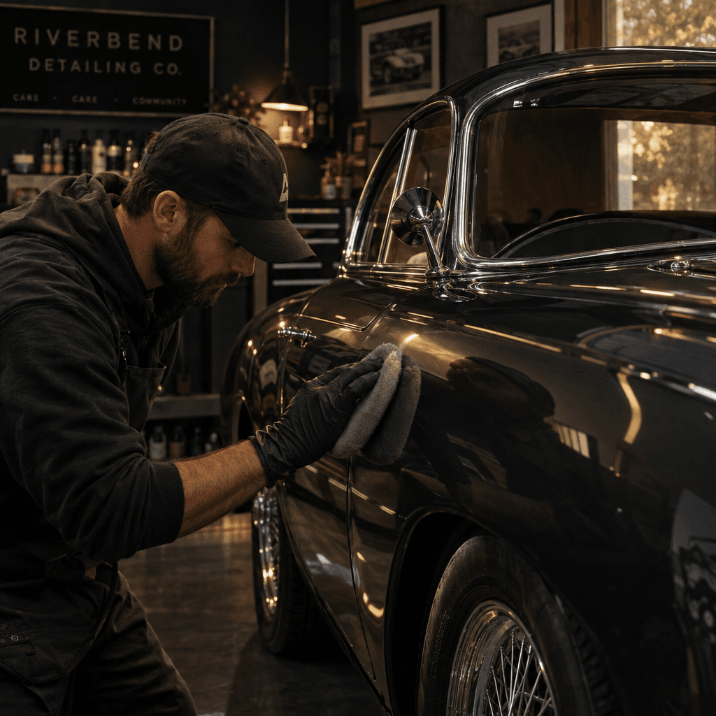 Detailer polishing a car