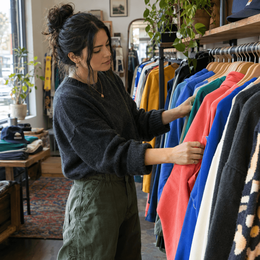 An independent clothing shop owner arranging a rack of colorful clothes