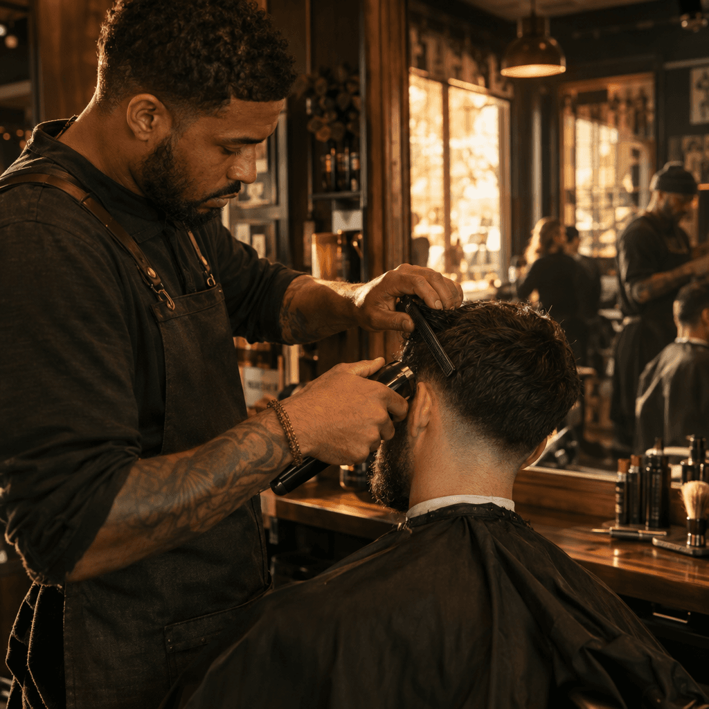 Barber shaping a client’s haircut